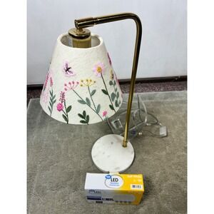 Gold Brass Marble Base Table Lamp Embroidered Floral Shade B10 Bulbs